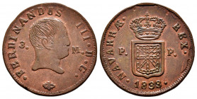 Fernando VII (1808-1833). 3 maravedís. 1833. Pamplona. (Cal-53). (Ros-4.11.18). Ae. 5,63 g. Busto desnudo. Rebaba en la gráfila del reverso. Atractiva...