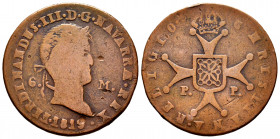 Fernando VII (1808-1833). 6 maravedís. 1819. Pamplona. (Cal-56). (Ros-4.11.6). Ae. 10,90 g. Busto laureado y nombre FERDINANDUS. Rara. BC+. Est...170,...