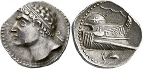 Carthago Nova.   Shekel circa 237-209, AR 7.17 g. Diademed head l. Rev. Prow r. with shield on deck; beneath, dolphin r. Robinson, Essays Mattingly, p...