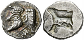 Iberia, Emporion.   Trihemiobol 5th century BC, AR 0.89 g. Forepart of man-headed bull l. Rev. Irregular incuse. Villaronga-Benages, ACIP 2. Campo pl....