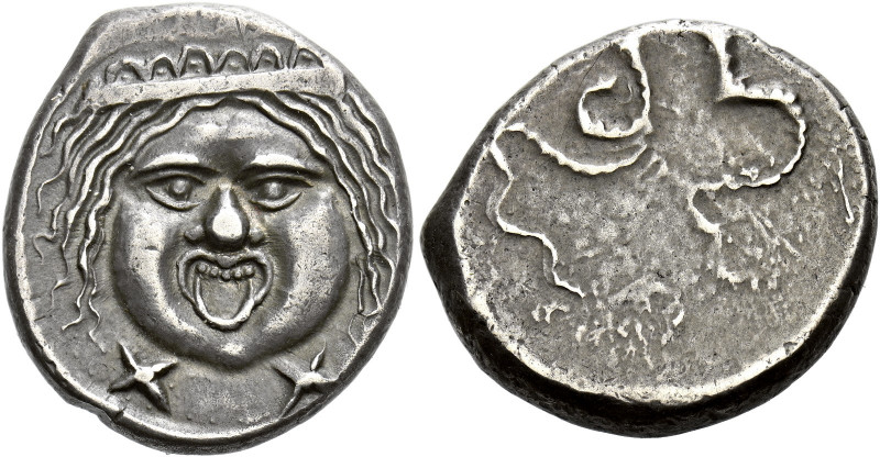 Etruria, Populonia.   20 units 3rd cent., AR 8.27 g. Diademed head of Gorgoneion...