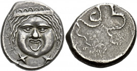 Etruria, Populonia.   20 units 3rd cent., AR 8.27 g. Diademed head of Gorgoneion facing; below, X – X. Rev. Octopus (body off flan). SNG Lockett 41 (t...