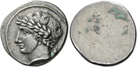 Etruria, Populonia.   10 units circa 300-250, AR 4.14 g. Laureate male head l.; behind [X]. Rev. Blank. SNG ANS 26 (these dies). SNG Firenze 451 (thes...