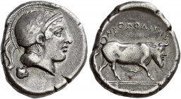 Campania, Neapolis.   Didrachm circa 420-400, AR 7.40 g. Head of Athena r., wearing wreathed Attic helmet. Rev. ΝΕΟΠΟΛΙΤΗΣ Μan-headed bull advancing r...
