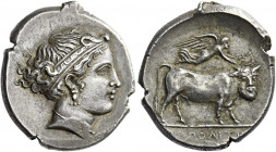 Campania, Neapolis.   Didrachm circa 395-385, AR 7.65 g. Head of nymph Parthenope r., wearing meander pattern diadem, earring and necklace. Rev. Man-h...