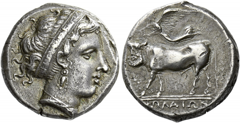 Nola.   Didrachm circa 400-385, AR 7.25 g. Diademed head of nymph r., wearing ea...