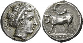 Nola.   Didrachm circa 400-385, AR 7.25 g. Diademed head of nymph r., wearing earring and necklace. Rev. Man-headed bull advancing l., crowned by Nike...