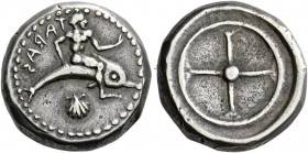 Calabria, Tarentum.   Nomos 480-470, AR 8.04 g. Dolphin rider r., supporting himself with his r. hand and raising his l.; below, shell and in l. field...