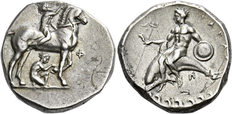 Calabria, Tarentum.   Nomos circa 340-335, AR 7.87 g. Horse standing r., crowned...