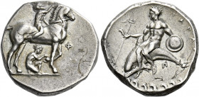 Calabria, Tarentum.   Nomos circa 340-335, AR 7.87 g. Horse standing r., crowned by rider and lifting front l. leg for boy kneeling r. to remove stone...