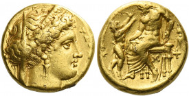Calabria, Tarentum.   Stater circa 334-332, AV 8.48 g. TA[PA] Veiled and diademed head of Hera r., wearing earring and necklace; below chin, dolphin s...