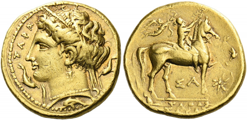 Calabria, Tarentum.   Stater circa 320-315, AV 8.56 g. TAPA Head of Hera l., wea...
