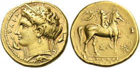 Calabria, Tarentum.   Stater circa 320-315, AV 8.56 g. TAPA Head of Hera l., wearing stephanos, veil, triple pendant earring and pearl necklace; aroun...