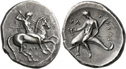 Calabria, Tarentum.   Nomos circa 315-302, AR 7.95 g. Rider on horse prancing r., carrying shield and three spears; behind, Ξ and below horse, API. Re...