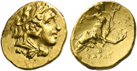 Calabria, Tarentum.   1/10 stater under Pyrrhus circa 280, AV 0.86 g. Head of Heracles r. wearing lion’s skin headdress. Rev. ΤΑPΑΣ Dolphin rider l. V...