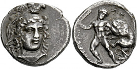 Lucania, Heraclea.   Nomos circa 390-340, AR 7.85 g. Head of Athena facing three-quarters r., wearing triple-crested Attic helmet. Rev. ΗΠΑΚΛΗΙ - ΩΝ H...