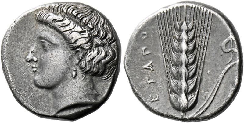 Metapontum.   Nomos circa 400-340, AR 7.73 g. Head of Demeter l., wearing single...