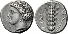 Metapontum.   Nomos circa 400-340, AR 7.73 g. Head of Demeter l., wearing single-pendant earring. Rev. [M]ETAΠO Ear of barley, a leaf on r. with ivy-l...