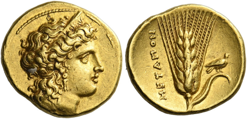 Metapontum.   Third-stater circa 340-330, AV 2.64 g. Diademed head of Hera (?) r...