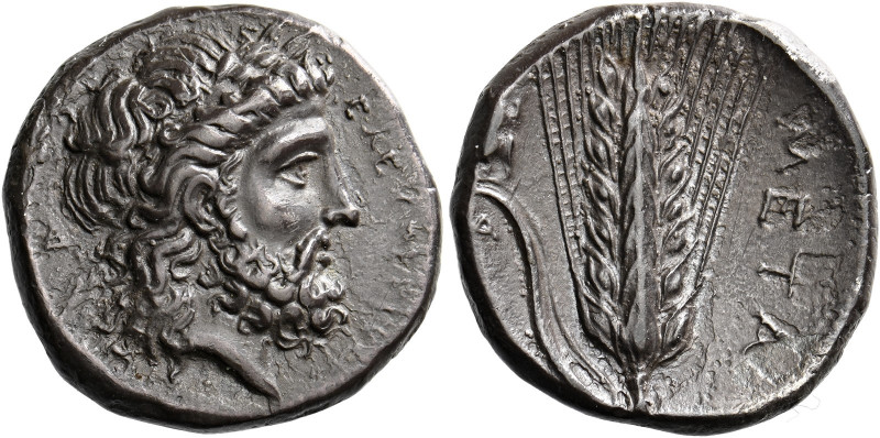 Metapontum.   Nomos circa 340-330, AR 7.37 g. EΛEYΘEPI[OΣ] Head of Zeus r., wear...