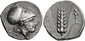 Metapontum.   Nomos circa 340-330, AR 7.47 g. Head of Tharragoras r., wearing a Corinthian helmet; below chin, Σ. Rev. META Ear of barley with leaf to...