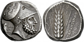 Metapontum.   Dinomos circa 340-300, AR 15.97 g. Head of Leucippus r., wearing Corinthian helmet decorated with Nike in quadriga r.; behind neck-guard...