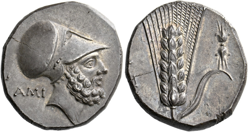 Metapontum.   Nomos circa 340-330, AR 7.76 g. Head of Leucippus r., wearing Cori...