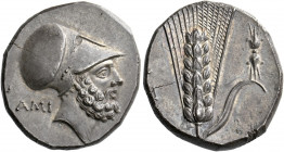Metapontum.   Nomos circa 340-330, AR 7.76 g. Head of Leucippus r., wearing Corinthian helmet; behind neck-guard, AMI. Rev. [META] Ear of barley with ...