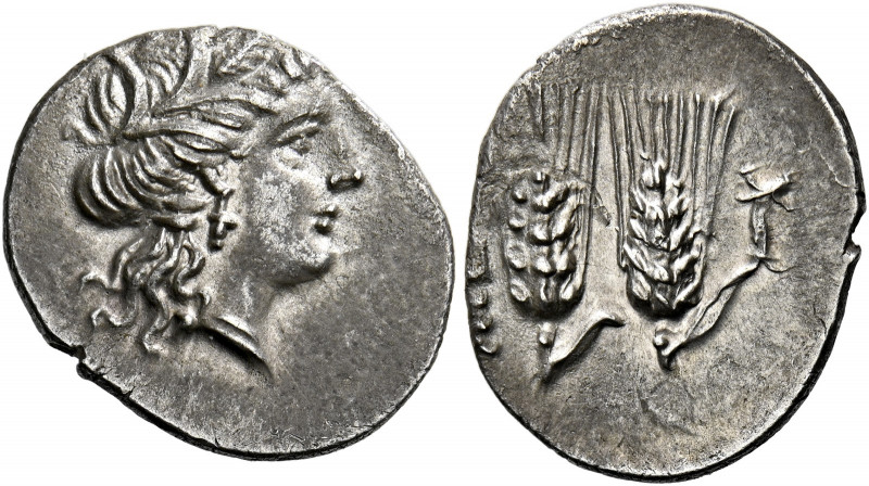 Metapontum.   Quarter-shekel circa 215-207, Hannibalic issues, AR 1.59 g. Head o...