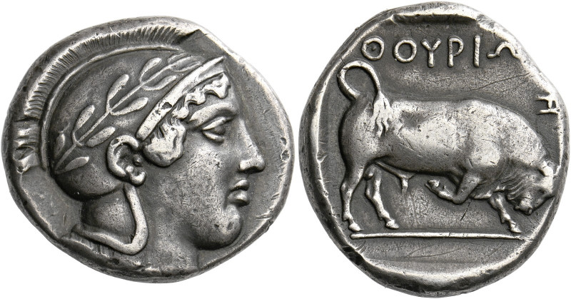Thurium.   Dinomos circa 443-400, AR 15.71 g. Head of Athena r., wearing crested...