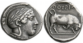 Thurium.   Dinomos circa 443-400, AR 15.71 g. Head of Athena r., wearing crested Corinthian helmet, bowl decorated with olive wreath. Rev. ΘΟΥΡΙΩ[Ν] B...
