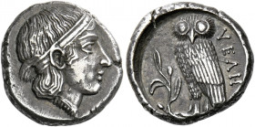 Velia.   Drachm circa 465-440, AR 3.91 g. Head of nymph r., hair bound with band, wearing pendant-necklace. Rev. YEΛΗ Owl standing l., with closed win...