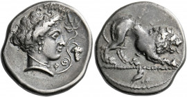 Velia.   Nomos circa 400-365, AR 7.69 g. Lion crouching r.; in exergue, owl r. Rev. ΥΕΛΗ Head of nymph r., wearing single-pendant earring and necklace...