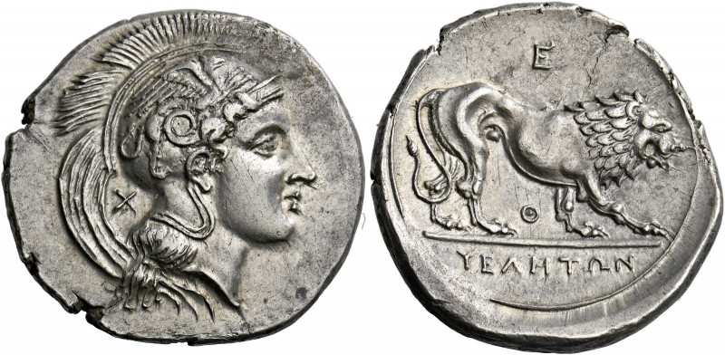 Velia.   Nomos circa 365-340, AR 7.71 g. Head of Athena r., wearing crested helm...