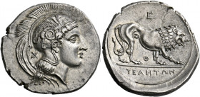 Velia.   Nomos circa 365-340, AR 7.71 g. Head of Athena r., wearing crested helmet decorated with griffin; behind neckguard, XA ligate. Rev. Lion r.; ...