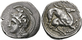 Velia.   Nomos circa 334-300, AR 7.53 g. Head of Athena l., wearing crested Phrygian helmet decorated with centauress on bowl. Rev. [ΥΕΛΗΤΩΝ] Lion pul...