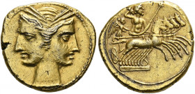 Bruttium, Carthaginian Occupation.   3/8 shekel circa 216-211, EL 2.80 g. Janiform female head wreathed with corn. Rev. Jupiter in prancing quadriga r...
