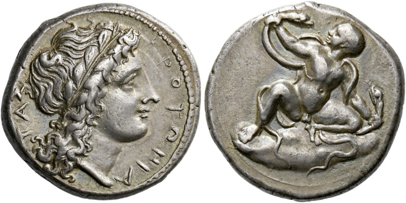 Croton.   Nomos circa 400-325, AR 7.69 g. ΚΡΟΤΩΝΙΑ - ΤΑΣ Laureate head of Apollo...
