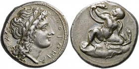 Croton.   Nomos circa 400-325, AR 7.69 g. ΚΡΟΤΩΝΙΑ - ΤΑΣ Laureate head of Apollo r. Rev. Infant Heracles perched on rock strangling snakes. SNG ANS 38...