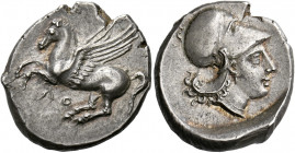 Locri.   Stater circa 350-275, AR 8.60 g. Pegasus flying l.; beneath, ΛΟ. Rev. Head of Athena r., wearing Corinthian helmet. SNG ANS 506. Calciati 5. ...