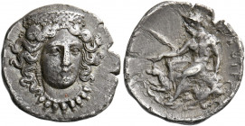 Pandosia.   Drachm circa 340-330, AR 2.05 g. Head of Hera facing slightly to r., wearing stephane and necklace. Rev. [ΠΑΝ]ΔΟΣΙΝ Naked Pan seated l. on...