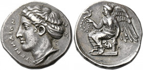 Terina.   Nomos circa 420-400, AR 7.74 g. TEPINAION Head of the nymph Terina l., hair bound with sphendone; behind neck, Π. Rev. Nike seated l. on cip...