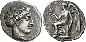 Terina.   Nomos circa 420-400, AR 7.60 g. [TEPINAI]ON Head of the nymph Terina r., hair bound with sphendone. Rev. Nike seated l. on cippus, wearing k...
