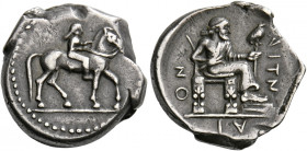 Sicily, Aetna.   Drachm circa 476-470, AR 4.17 g. Horseman at pace r. within dotted border. Rev. AITN – AI – ON Zeus seated r., holding thunderbolt an...