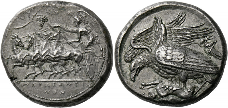 Agrigentum.   Tetradrachm circa 410-406, AR 16.85 g. Fast quadriga driven l. by ...