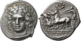Catana.   Tetradrachm signed by Heracleidas circa 405-402, AR 16.95 g. Laureate head of Apollo, facing three-quarters l., his hair falling in loose cu...