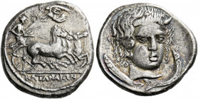 Catana.   Drachm circa 420-413, AR 4.19 g. Fast quadriga galloping r., driven by charioteer holding kentron and reins; above, Nike flying l. to crown ...