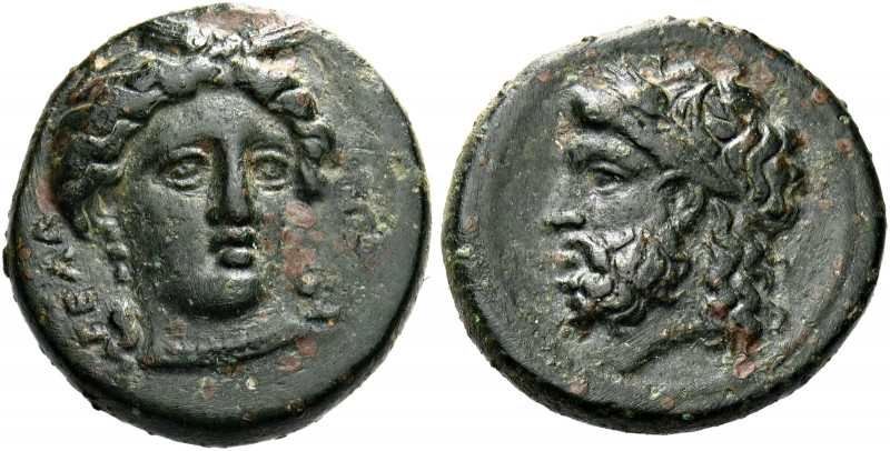 Gela.   Bronze circa 339-310, Æ 2.94g. ΓΕΛΩ – [ΙΩΝ] Head of Demeter facing three...