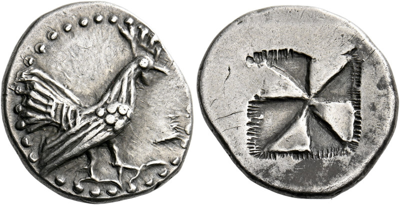 Himera.   Chalcidian drachm circa 530-520, AR 5.85 g. Rooster walking r. within ...