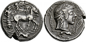 Leontini.   Tetradrachm of the Demareteion type circa 470, AR 17.16 g. Slow quadriga driven r. by charioteer holding kentron and reins; above Nike fly...
